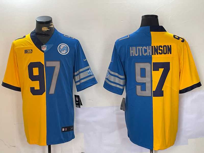 Men%27s Detroit Lions #97 Aidan Hutchinson Yellow Blue Split Vapor Limited Stitched Jersey Dzhi->green bay packers->NFL Jersey